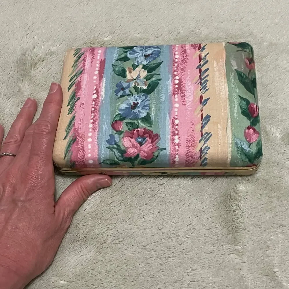 Vintage Mini Jewelry Box, 1980s Pastel Floral Fabric Covered Case for Travel - Picture 7 of 8